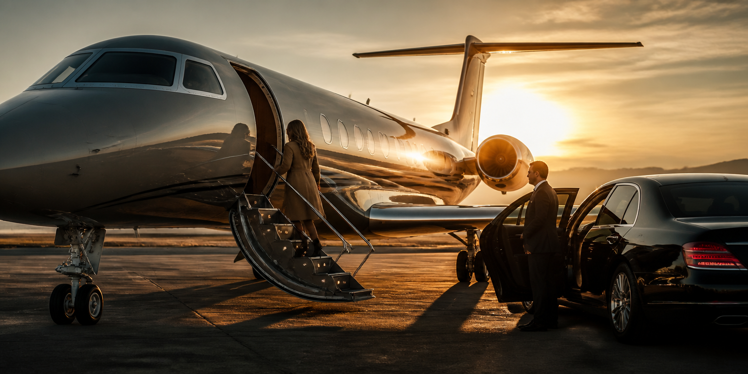 Luxvivendi Aviation – private jet at golden hour, chauffeur car and boarding stairs
