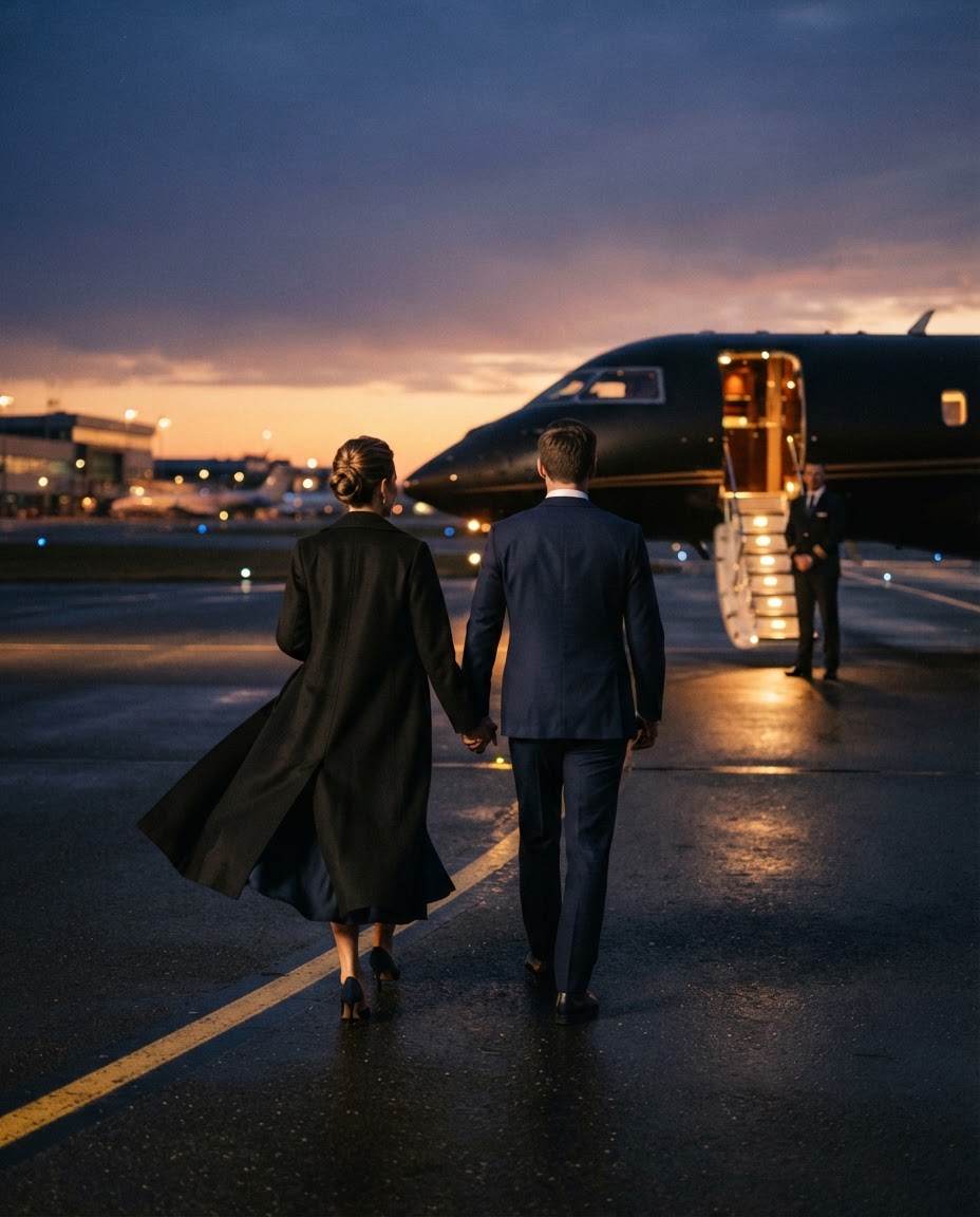 Luxvivendi Aviation – couple walking to the jet at dusk