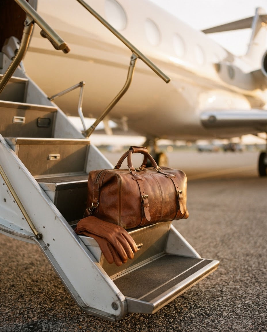 Luxvivendi Aviation – leather weekender at the boarding stairs